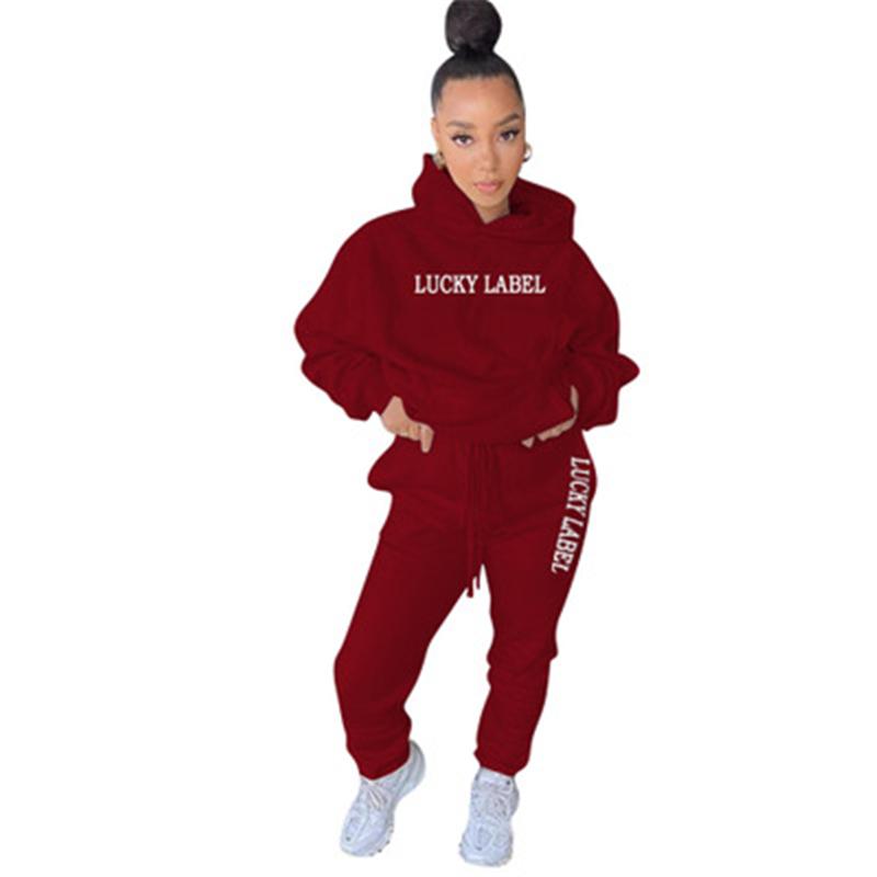 

Ladies Letter Embroidery Sports Sets Fashion Trend Long Sleeve Hooded Tops Drawstring Pant Suits Designer Female Winter Casual Tracksuits, Black