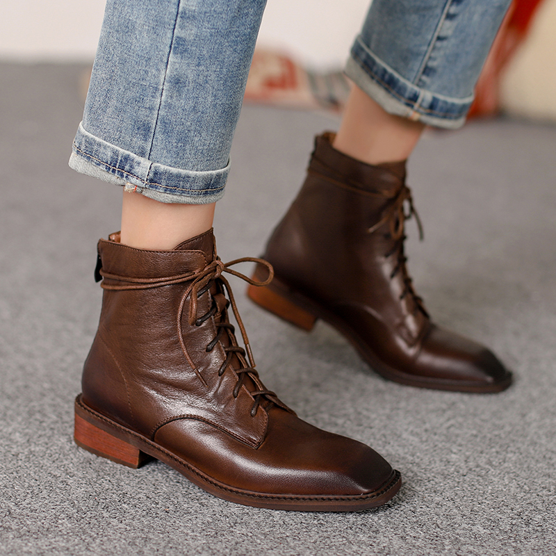 

2020 Toe Sqaure Loop Above All Women's Winter Jump Square Ankle Boots for Ladies with Leather Shoes 01nl, Dark coffee pig skin