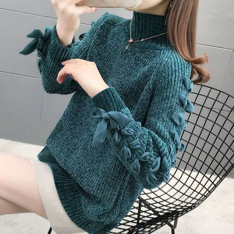 

Camisola gola alta feminina chenille feminino 2020 novo outono e inverno veludo de ouro grosso solto base suter, Blue no plush