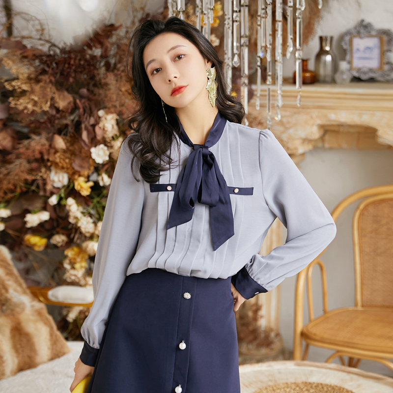 

2021 New High quality female long fashion Korean style elegant lady original design shirt bow collared spring D35M, Blue