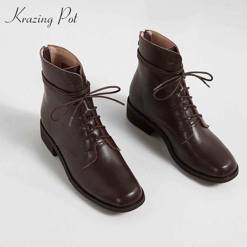 

Krazing Pot motorcycle boots genuine leather three colors thick med heel square toe zipper handsome punk fashion ankle boots L821, Black