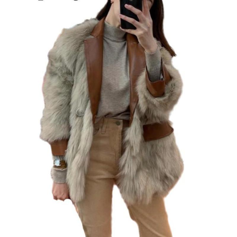 

TVVOVVIN Women Faux Fur Coat Patchwork Color Matching Winter Coat Women Vintage Casual Motorcycle Jacket 2020 Fashion F8BB, Khaki