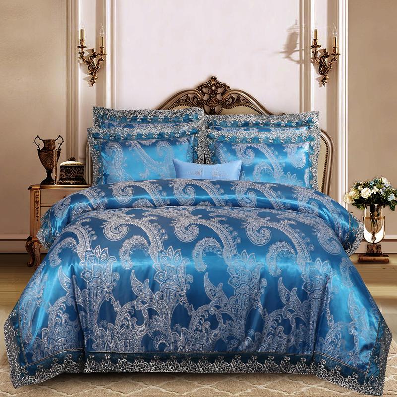 

4Pcs Luxury Cotton Satin Jacquard AB surface Bedding set Queen size soft bedclothes Bed sheet set Duvet cover Pillowcases, 11