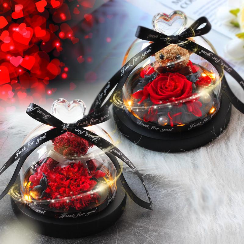 

Bear Tedd Preserved Fresh Flower Glass Cover O new year rnaments LED Light Fresh Rose Carnation Valentine's Day Gift present