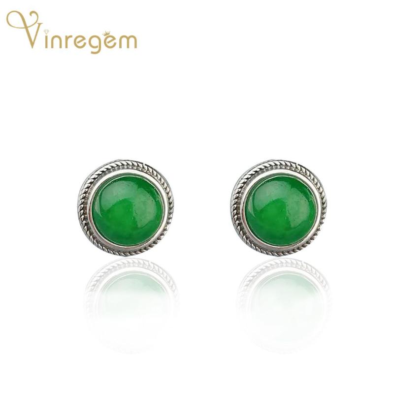 

Stud Vinregem 100% 925 Sterling Silver Round Green Jade Gemstone Wedding Engagement Vintage White Gold Studs Earrings Fine Jewelry, Golden;silver