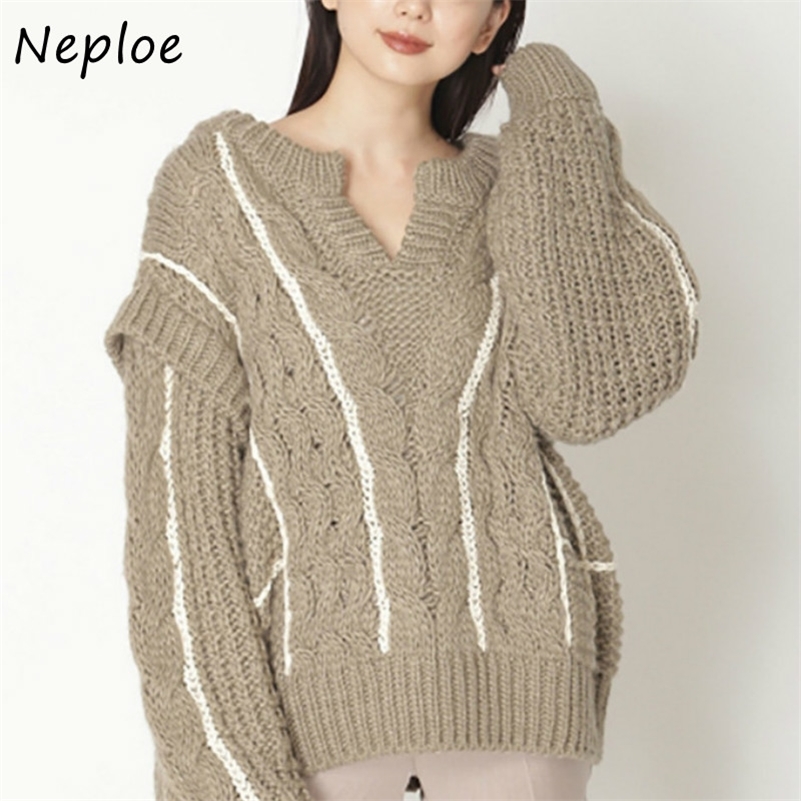 Neploe Panelled Twist Patchwork Pullovers Autumn Winter Japanese Style Sweet Women Sweaters 2020 Elegant V-neck Knitted Tops LJ201114