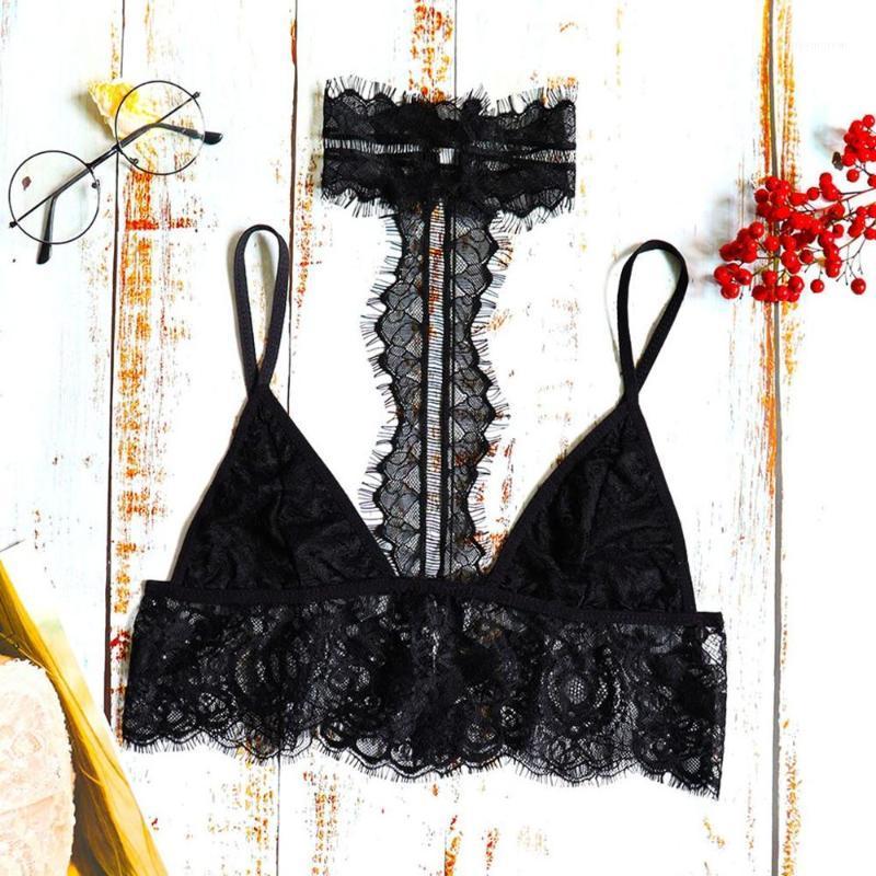

Women Sexy Lingerie Eyelash Lace Wireless V-Neck Bra+ Neck Ring Black Camisole Temptation Underwear Sujetador de las senoras Q401
