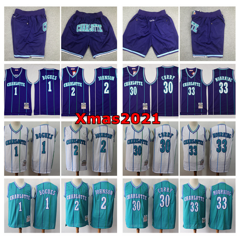 

Retro Men Mitchell Ness Charlottes Jersey Stitched 1 Muggsy Bogues 2 Larry Johnson 30 Dell Curry 33 Alonzo Mourning Basketball Jersey Shorts, Black