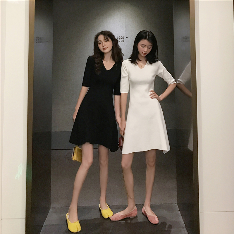 

2021 New Sexy v Neck Knitted Women Slim Spring Summer Solid Color Elegant Ladies Female Vestidos O4vj, White