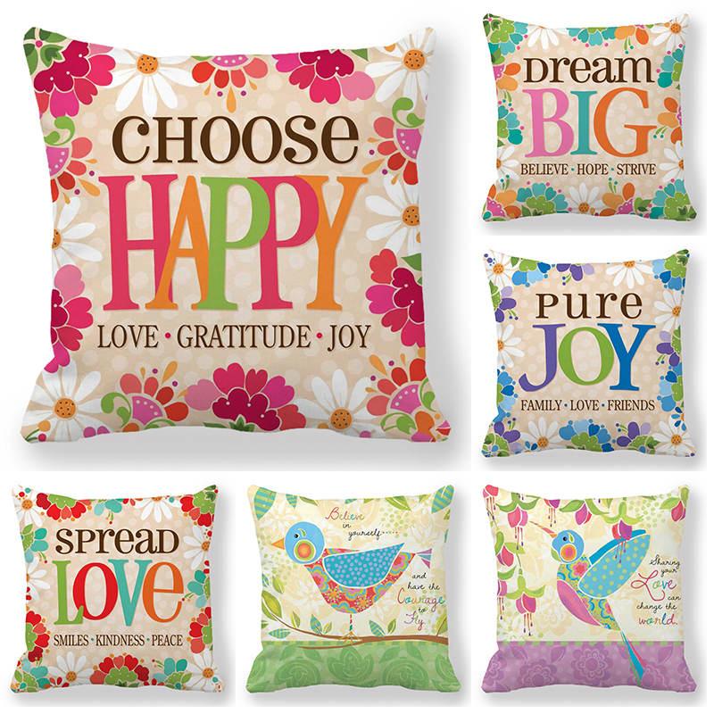 

45Cm*45Cm Life Motto Best Wishes Word Watercolor Bird Super Soft Throw Cushion Covers Home Decoration Pillowcase for Living Room