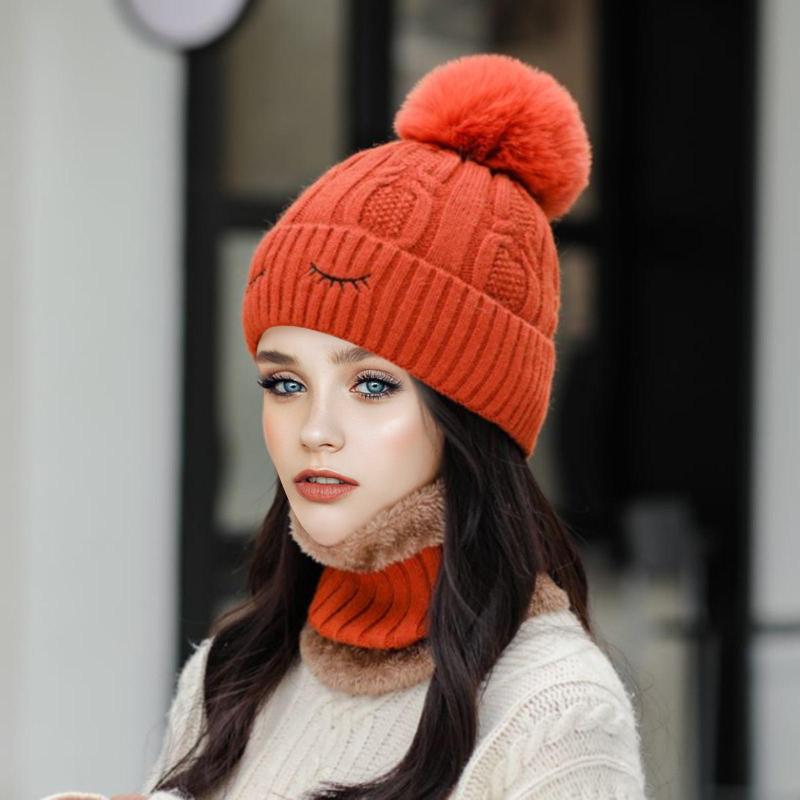 

Hats For Female Fashion Women Winter Knit Hat Ball Collar Set Thick Comfortable Warm Solid Earmuff Hat Christmas Winter Beanie, Rd