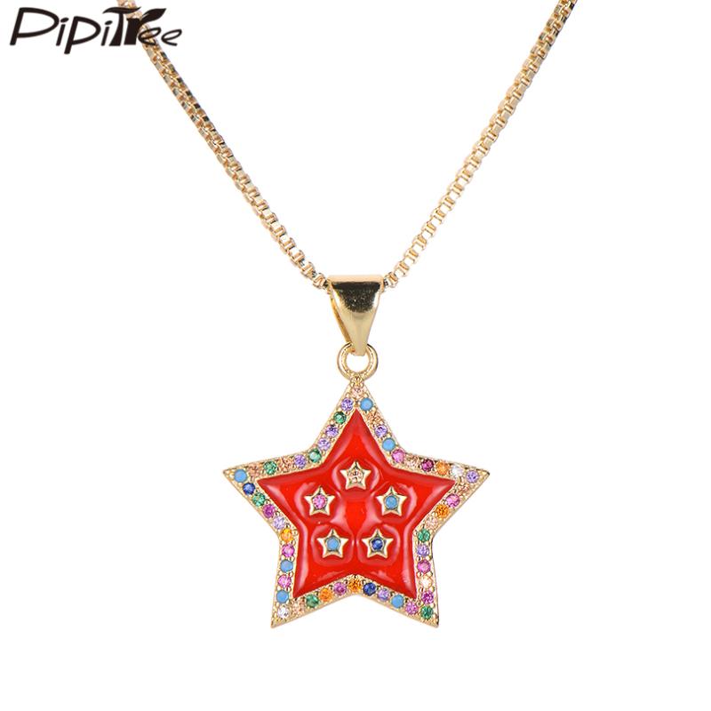 

Pipitree Copper Gold Color Cubic Zirconia Lucky Star Pendant Necklace Fashion Red Enamel Necklaces for Women Girls Jewelry Gift