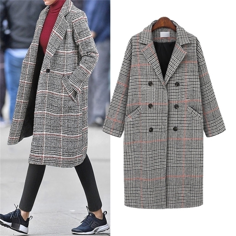 Autumn Winter Long Coat Women Casual Plus Size Plaid Double breasted Wool Blazers Jacket Female Elegant Overisze Outwear 201218Z