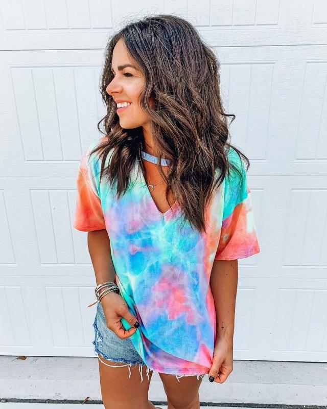 

2020 Summer Sexy Women Tie Dye Print Short T Shirt Short Sleeve tshirt harajuku camiseta mujer tee shirt femme streetwear, Rose red