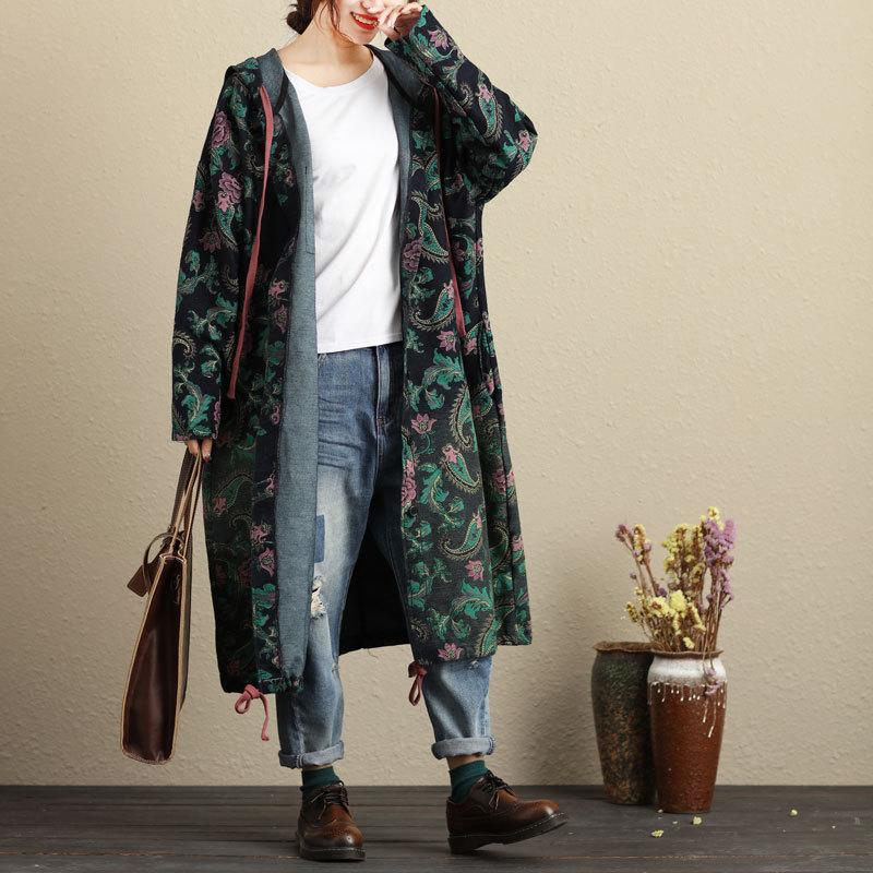 

New Spring Autumn Women Trench Plus Size Causal Loose Print Indie Folk Long Style Hooded Trench Coat For Women Larger Outerwear