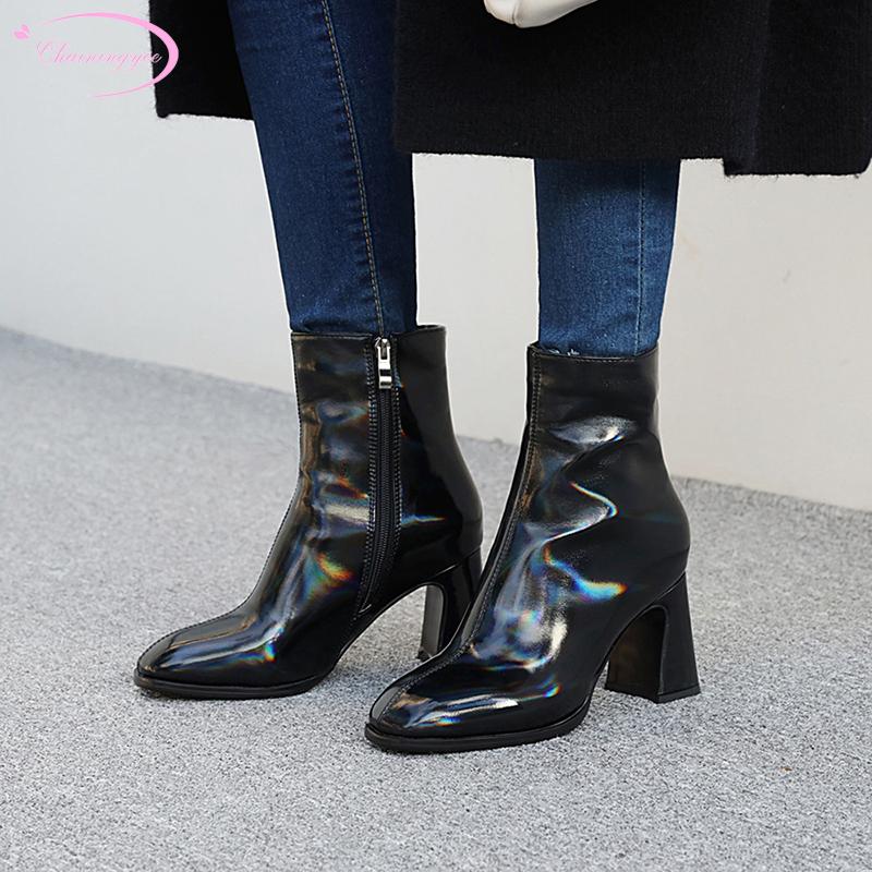 

Simple style paint round toe ankle boots fashion zipper black beige red high-heeled chunky riding boots women's shoes big size