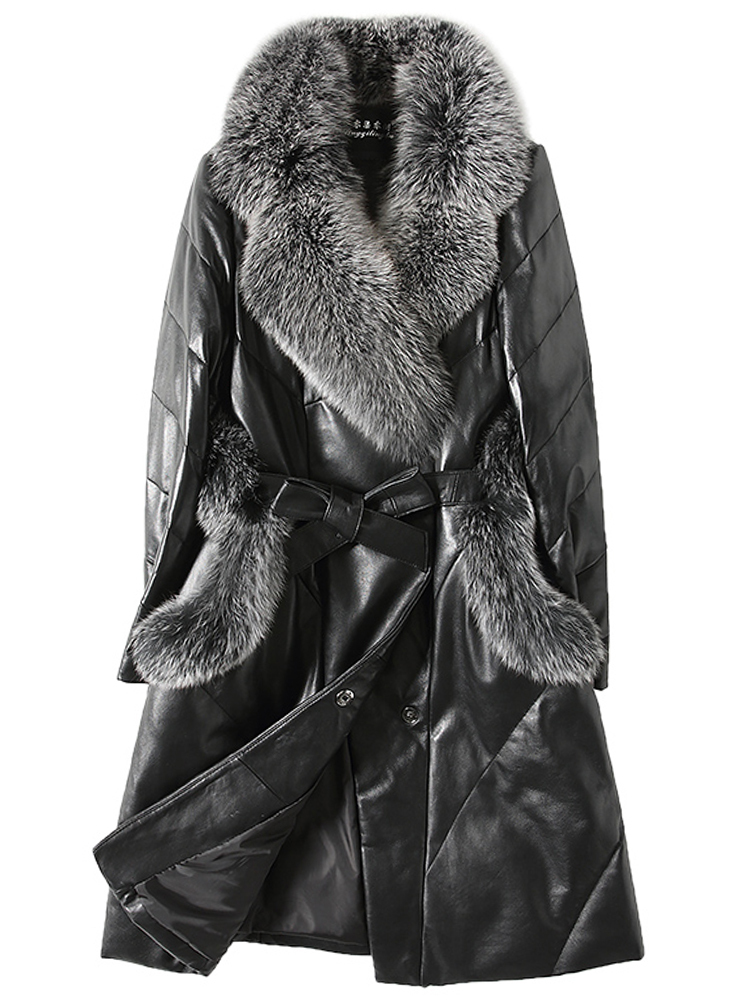 

Lambskin Winter Long of Genuine Women, Leather Jacket with Fox Fur Collar, Duck Jackets Down 0qgw, Black one