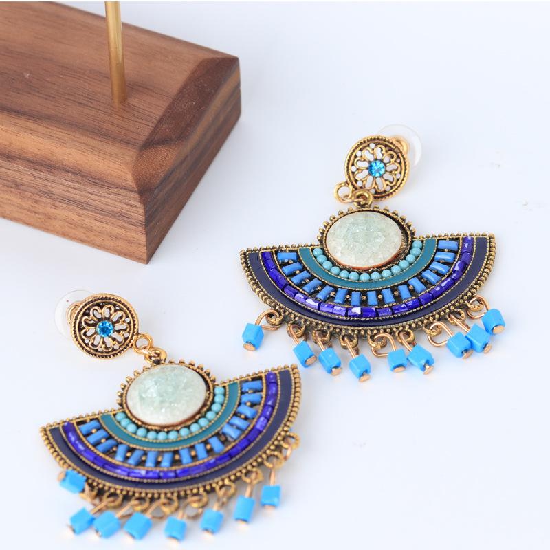

VG 6YM 2021 Bohemian Tassel Rice Beads Fan Drop Earrings For Women Statement Wedding Blue Fringe Female Earrings Wholesale