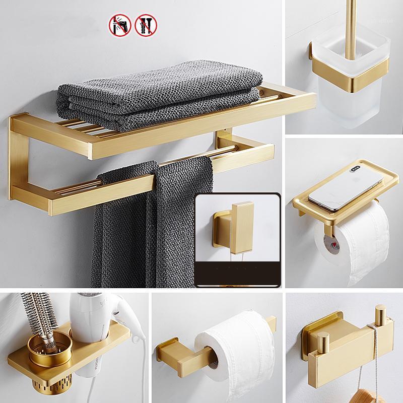 

Punch-free Brushed Gold Bathroom Towel Rack Light Luxury Towel Bar Space Aluminum Toilet Paper Holder Bathroom Accessories1