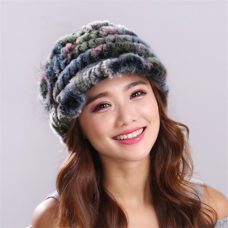

New Women WInter Hat Warm Beanies Knitted Real Rex Fur hats for Lady Baseball Cap with Short Brim, White