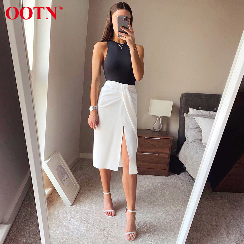

OOTN Ladies White Ruched High Waist Skirt Asymmetrical Lace Up Summer Skirt Casual Sexy Split Women Long Skirt Holiday Beach Y200704