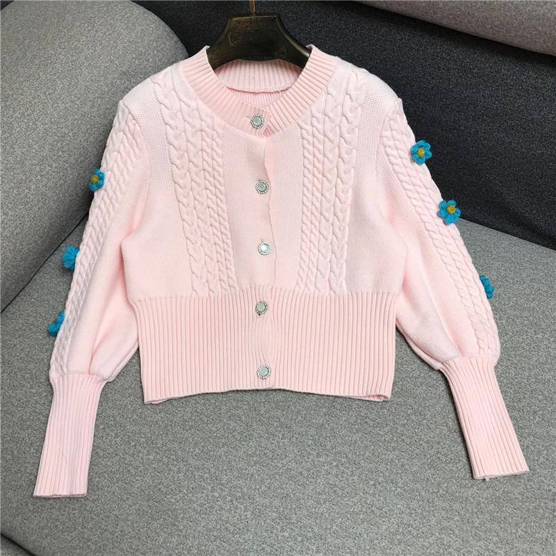 

Women' Blue Sweater Fashion Three-Dimensional Flower Puff Sleeve Knitted Cardigan Short High Waist Top Fall Winter Knit Coats, Pink