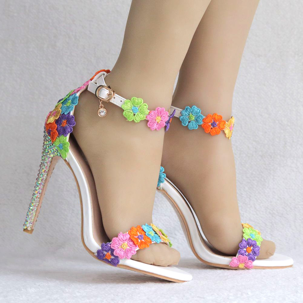 

Spring From New the Girl's Colorful Flowers Cape An Open Ankle Strap a Toe Bling Crystal Pierced Sandals of High Heels Wedding Miep, Gold