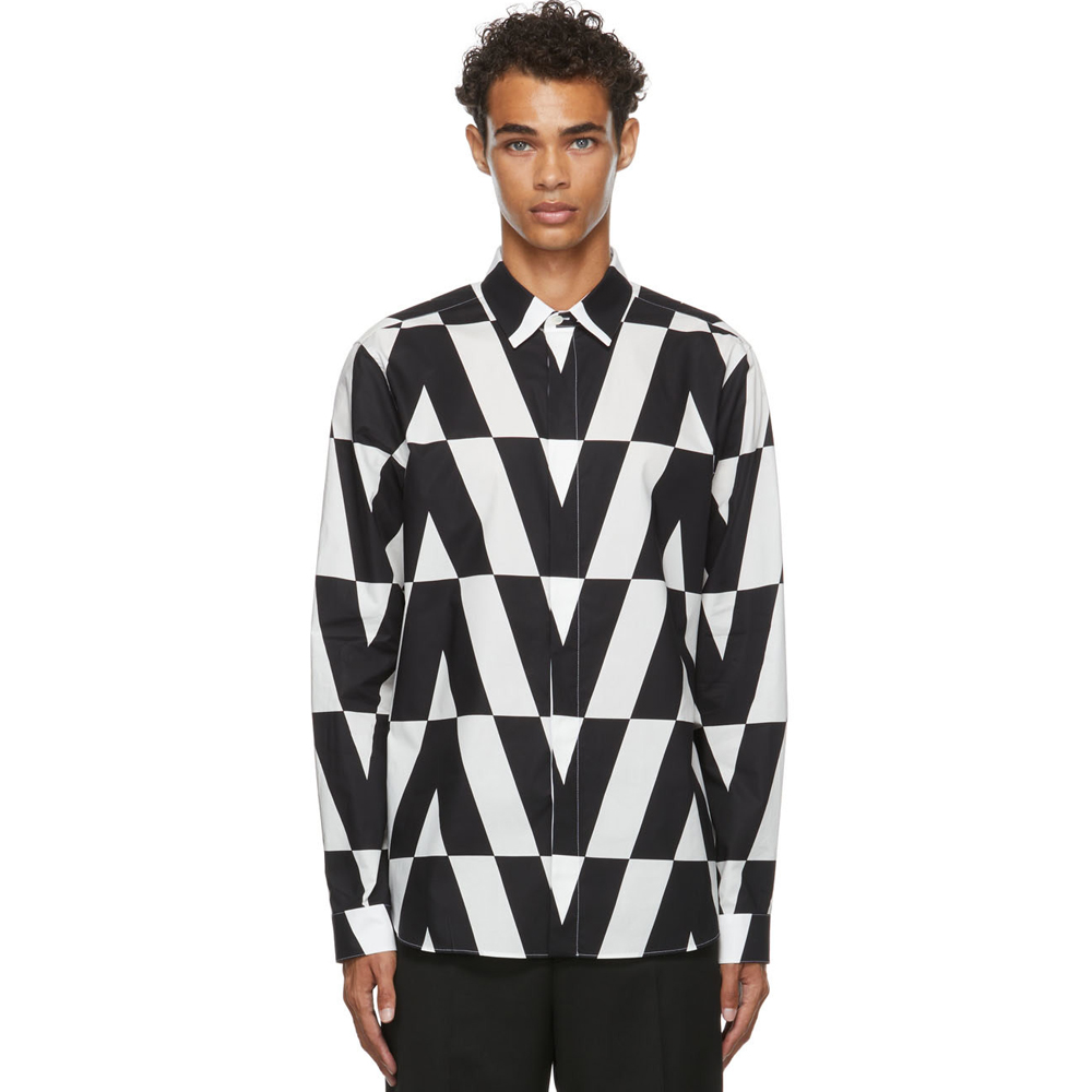

Macro Optical Logo Print Shirt Mens Long Sleeve Cotton Poplin Shirts Featuring Logos Pattern Printed in Black and White
