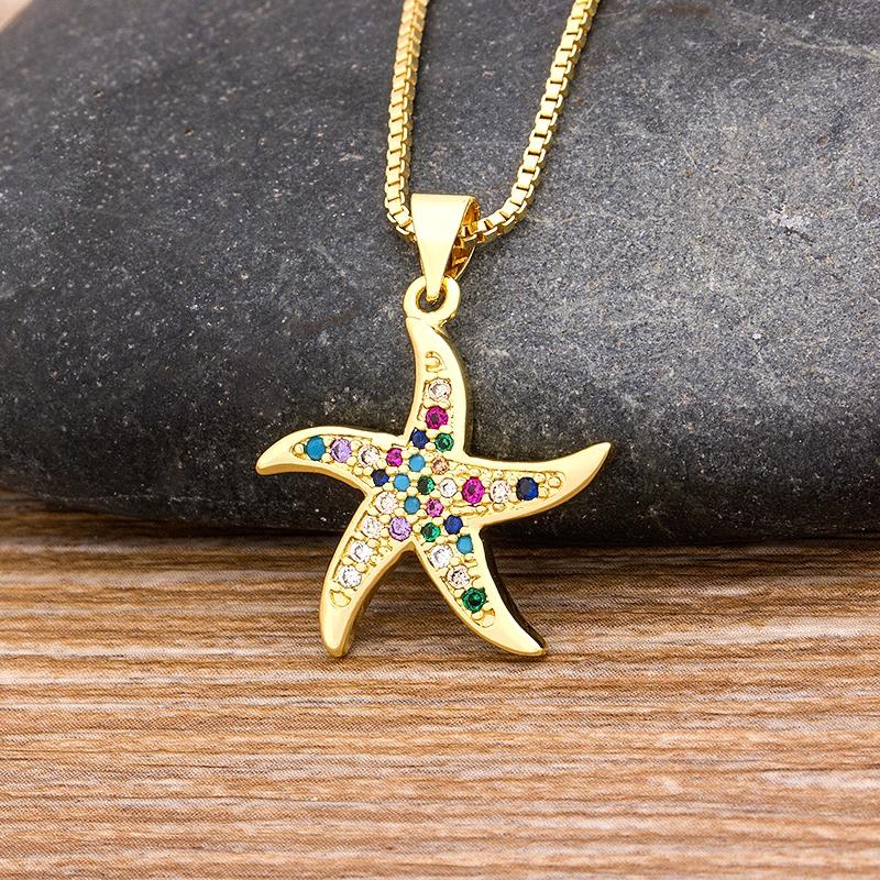 

New Arrival Rainbow Necklace Gold Bohemian CZ Pave Starfish Necklace Link Chain Summer Jewelry Women Fine Party Dance Gifts