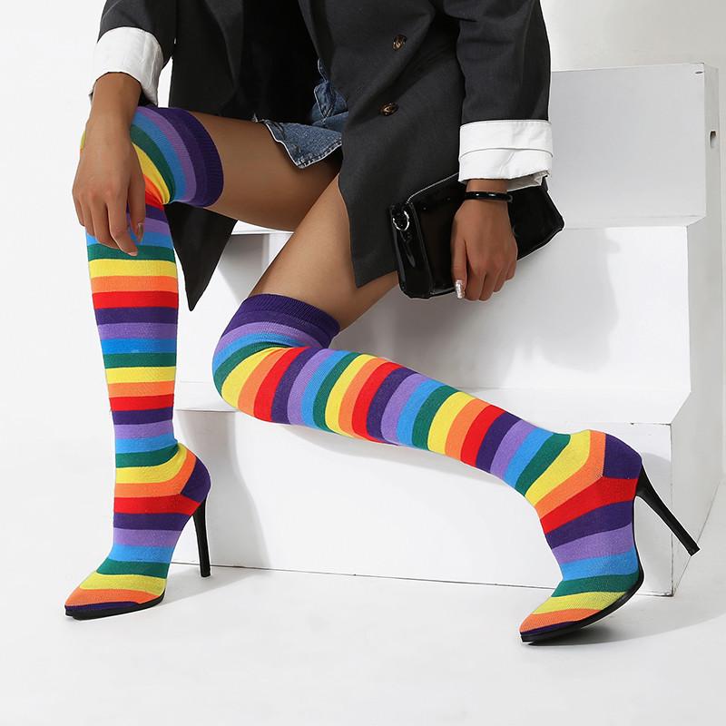 

Fashion Rainbow stripe Women Over the knee boots Stretch Skinny Slim Knitting Sock Boots Ultra High heels Thigh high Shoes, Purple