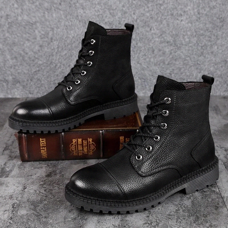 

spring Winter ankle Boots For Men Black High Top Men Casual Shoes Brand Fashion Motorcycle Boots Genuine Leather snow #BQ1m