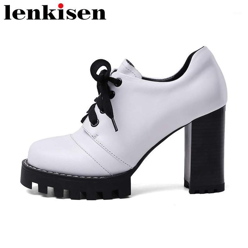 

Lenkisen 2020 hot large size high fashion genuine leather round toe super high heels waterproof beauty lady lace up pumps L1f21, Black