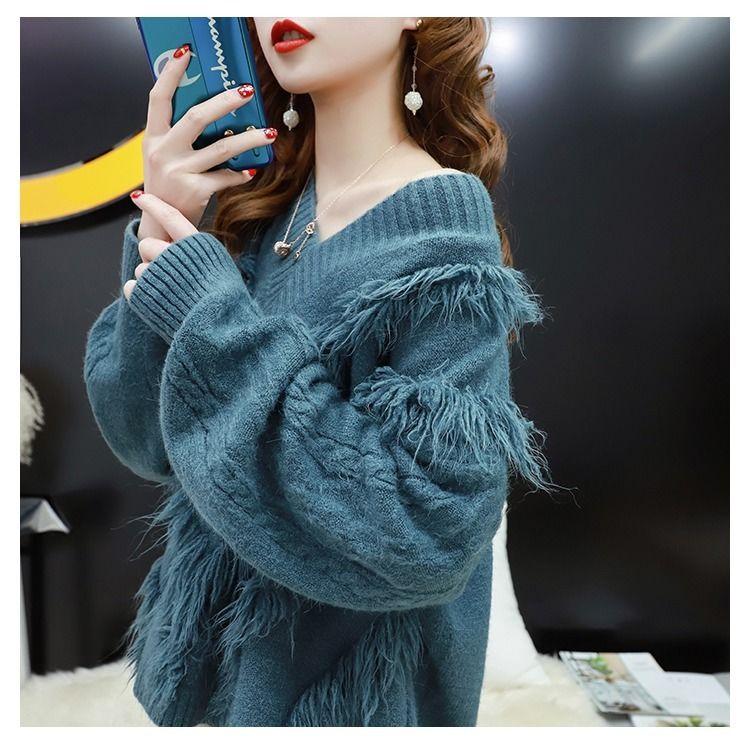

Woman Sweaters New Autumn Tassel Sweater Loose Oversized V-neck Long-Sleeve Knitwear Pullover Top Femme Chandails Pull Hiver, Red