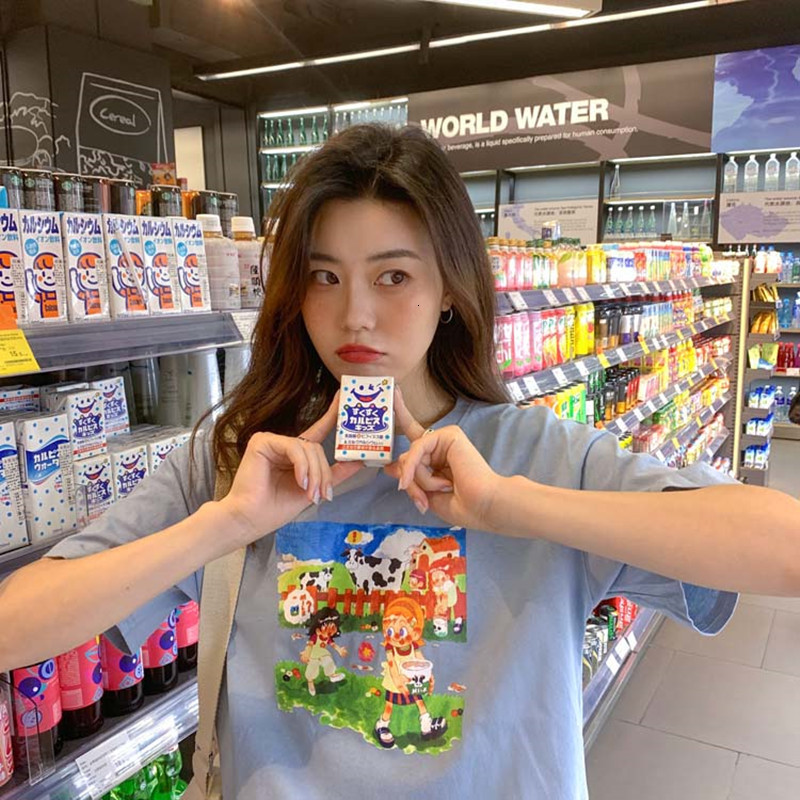 

2021 New 3-summer colors Korean style cartoon girl print short sleeve women's loose tops casual t-shirt femme (f3990) 2AYF, White