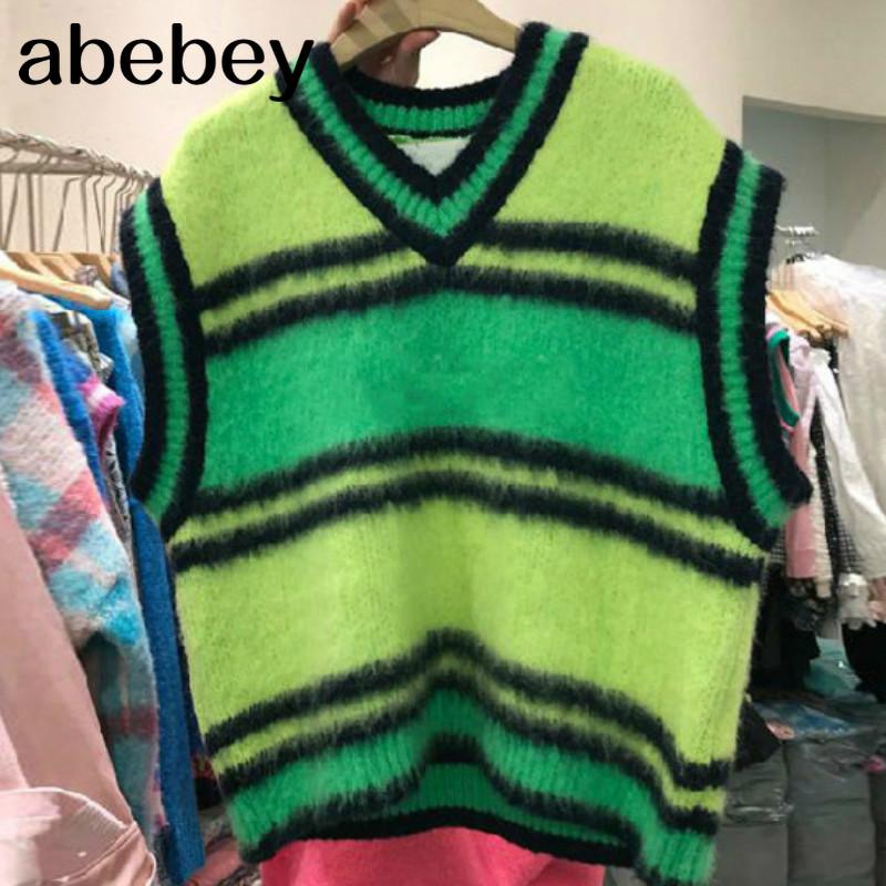 

Casual Loose Panelled Stripes Knitted Vest Fashion Fresh V-neck Sleeveless Pullover Autumn Winter New Women Tank Tops, Green