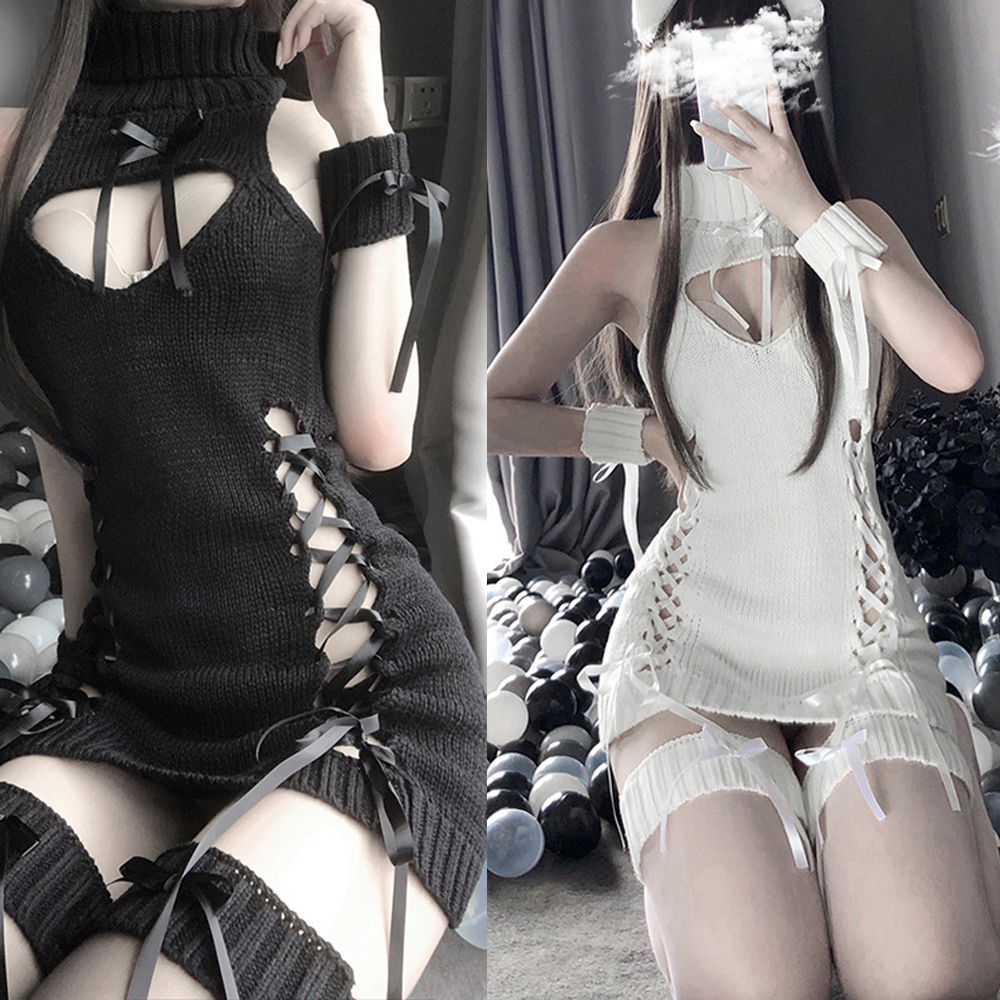 

Sexy female erotic baby doll knitted-out pajamas open-bust lingerie nightgown, Red