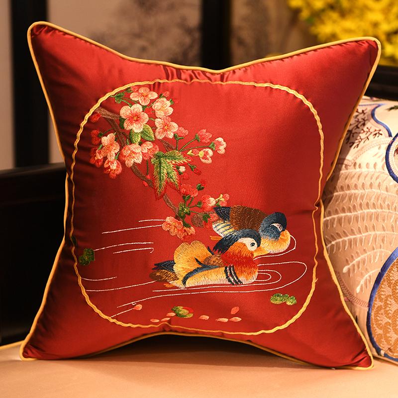 

Traditional Chinese Style Mandarin Duck Embroidery Cushion Covers High-grade Luxury Flowers Waist Pillowcases Sofa Pillow Covers, Veemi 02