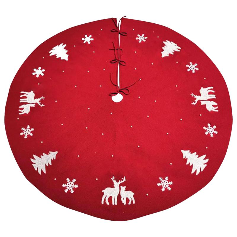 

122cm Red Embroidered Elk 3D Christmas Tree Skirt Foldable Xmas Tree New Year Home Decoration Tool Party Supplies