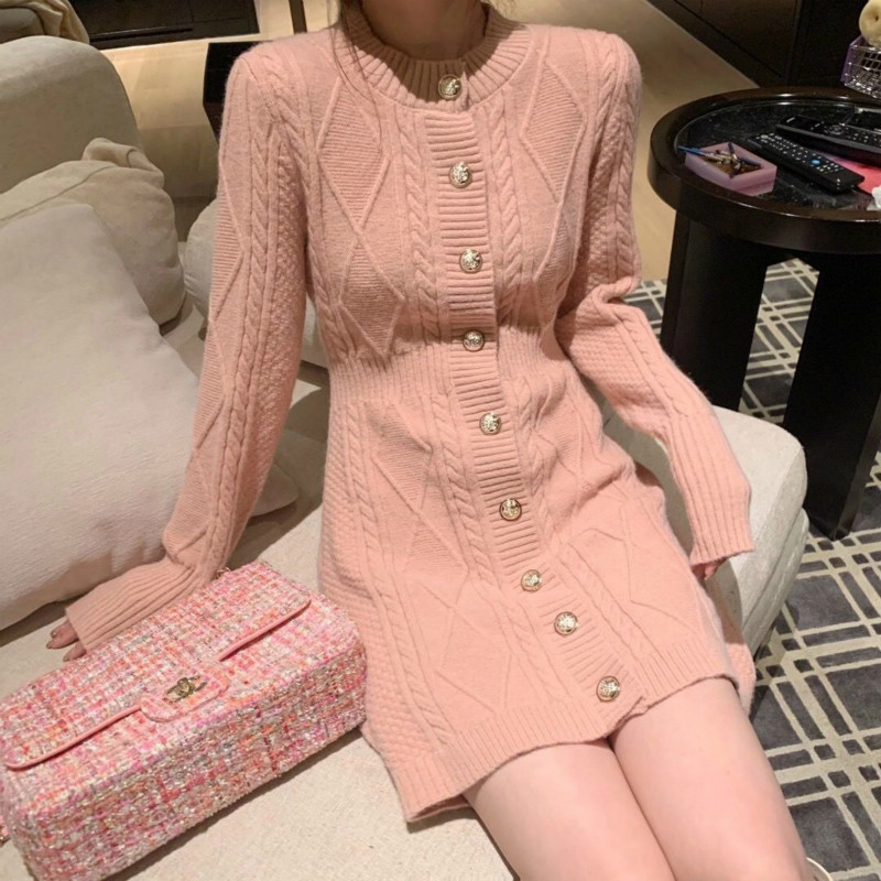 

New spring 2021 elegant the neck feminine dressed in solid nightgown long sleeve knitted or crocheted dress of medium length 2C4Y, Heise