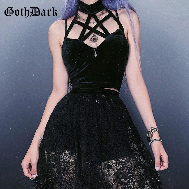 

Goth Dark Aesthetic Gothic Pentagram Cropped Top Vintage Camisles Grunge Tank Tops Harajuku Backless Halter Fall Black Sexy Y200422