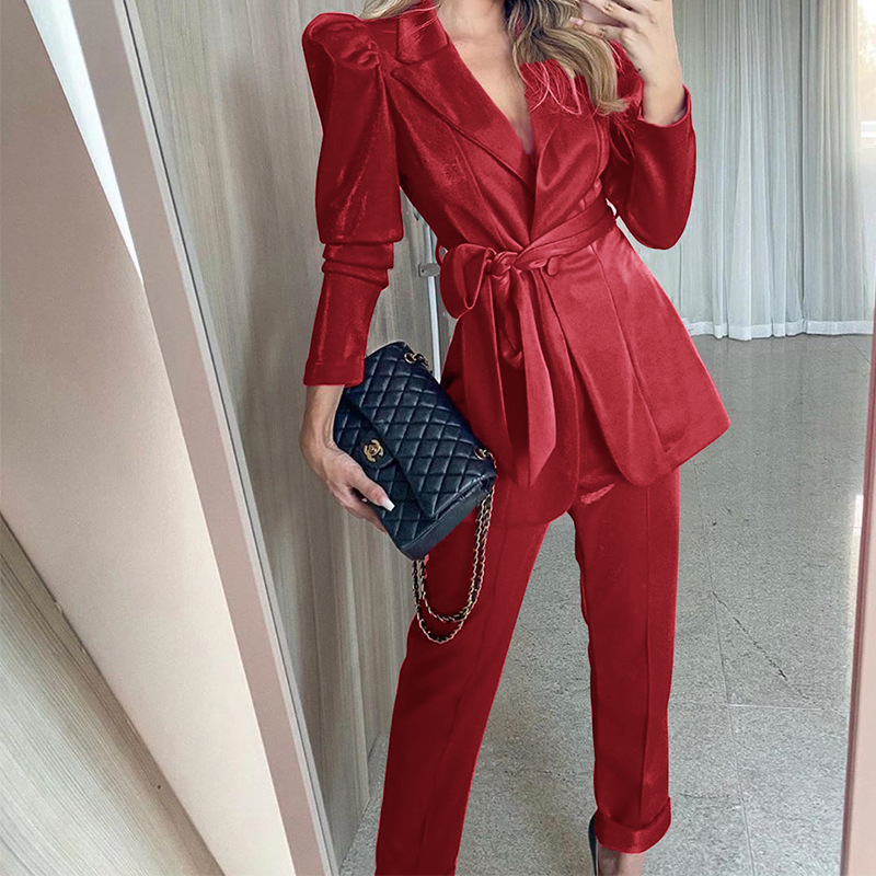 Spot Goods 2020 Early Autumn New Cross-Border European and American Womens Clothing Fashion Leather Waist Suit Pants Suit Fd038-image-625745872