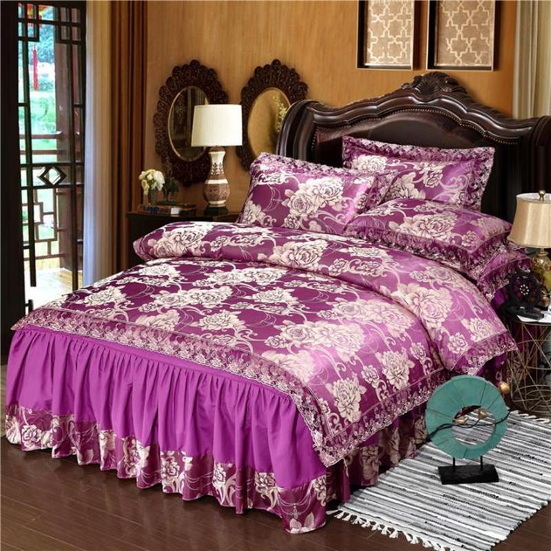 

Elegant bedding set Jacquard bed skirt set duvet cover 4pcs/set bed linen luxury bedclothes purple Lace golden skirt, Flower red marry