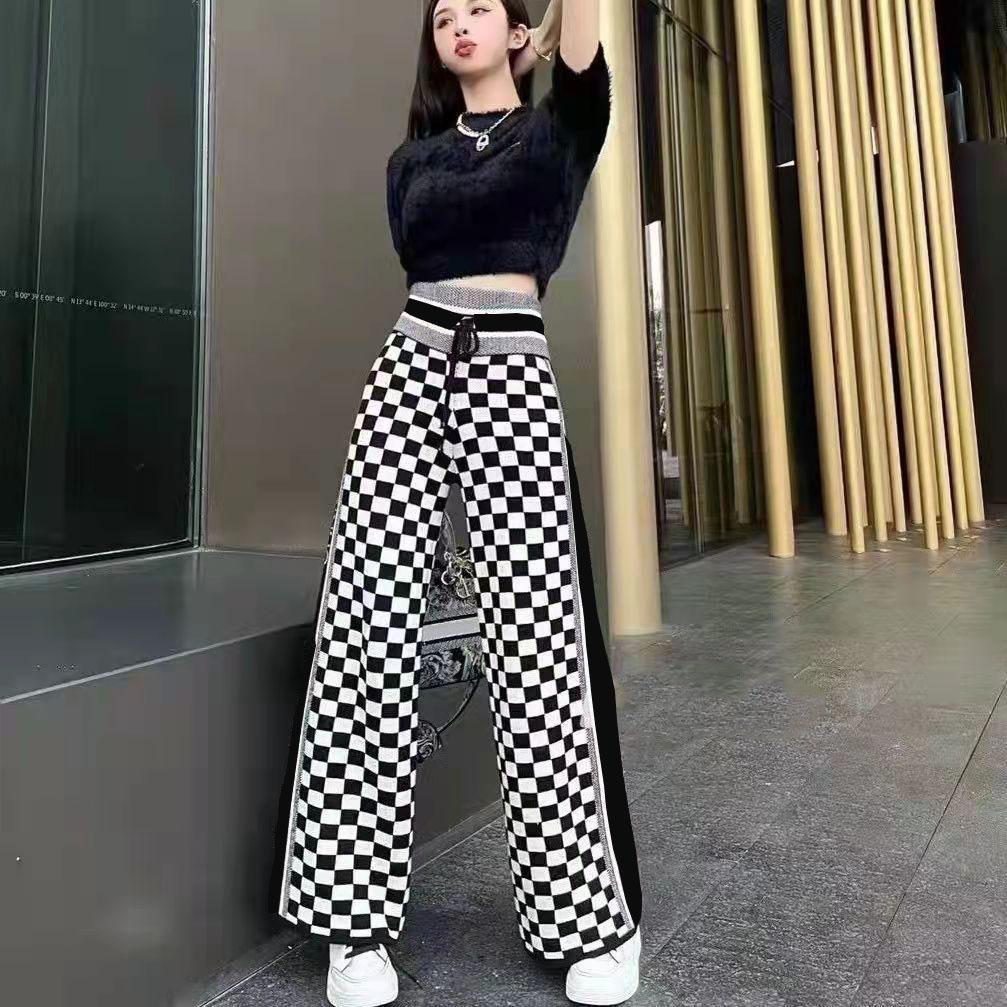 

European station CD letter ribbon jacquard casual pants 22 autumn new high waist slim straight tube wide leg pants women's fashionQQ, Black;white