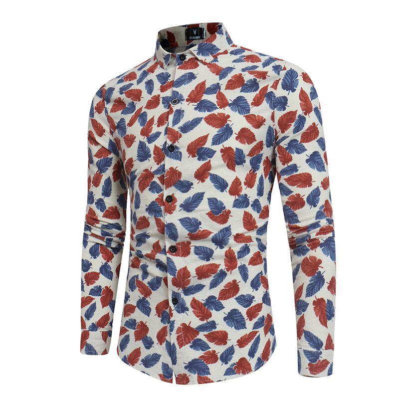 

New Chinese Vintage Linen Shirt Flower Printed Long Sleeve Autumn spring Men Floral Shirt Male Slim Fit Print Cotton top clothes, Beige