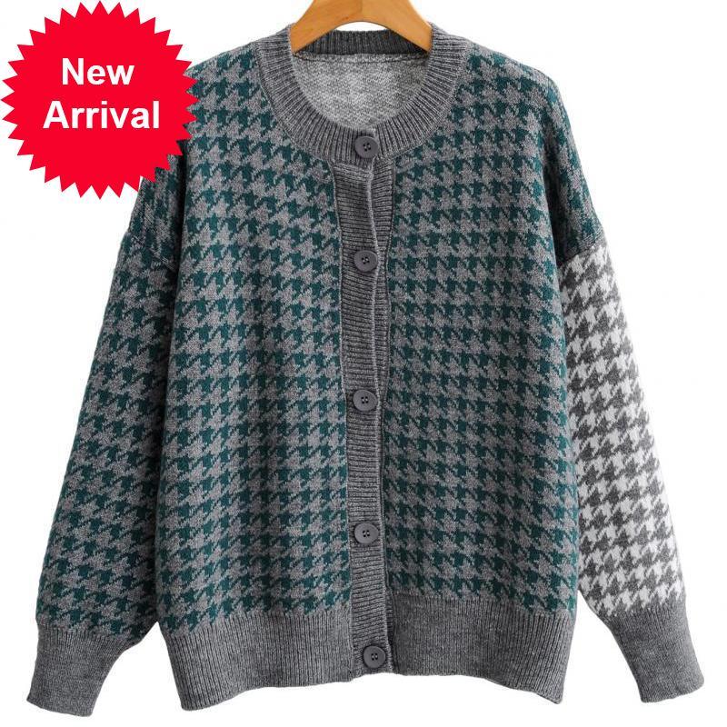 

2021 New Autumn Design of the Female European Brand New Contrast Style Casual Houndstooth Seam Cardigan Top Fashion Sweater 2v36, Gray
