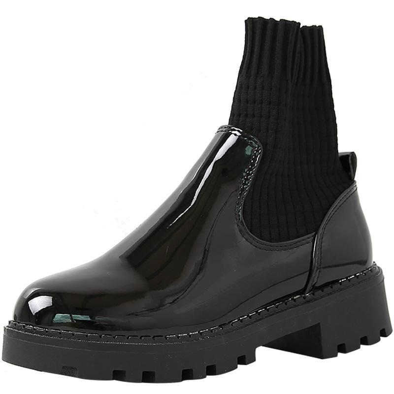 

fashion 2020 New Winter Belt Buckle Knitted Elastic Boots Woman Round Toe Loe Heel Women's Boots Sock Women