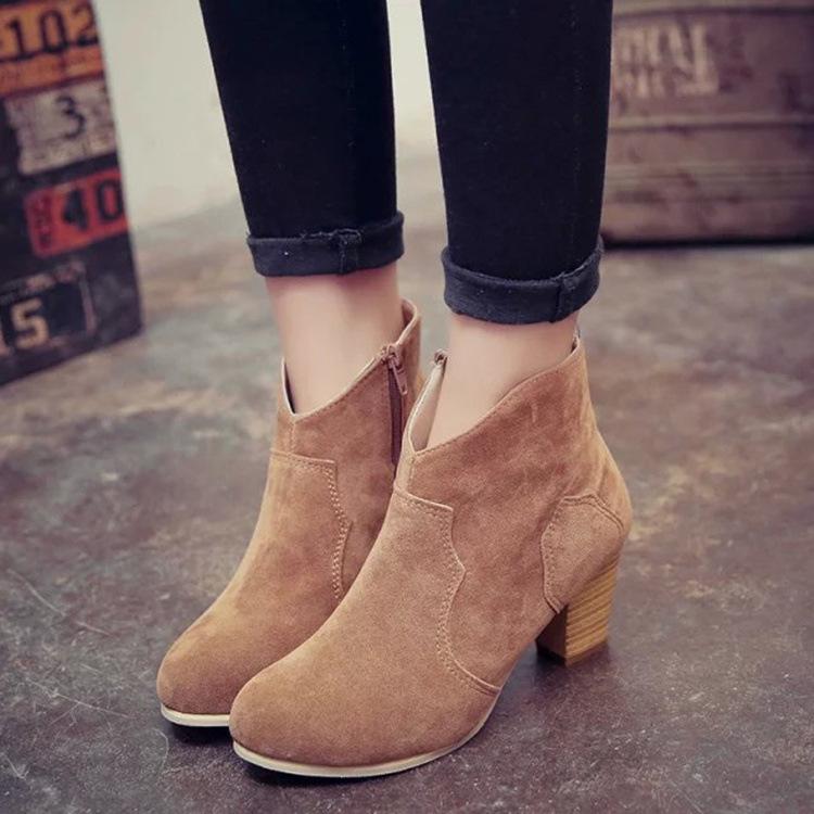 

Concise Leisure Mature Women Autumn Ankle Boots Med Pointed Toe Vintage Short Boots Flock Solid Winter Shoes Plus Size, Beige