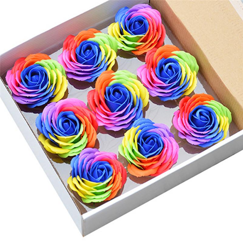 

9 Pcs Colorful Soap Rose Decorative Flowers Soap Flower Petal Wedding Favors Valentine's Day Gift Rainbow Rose Bouquet