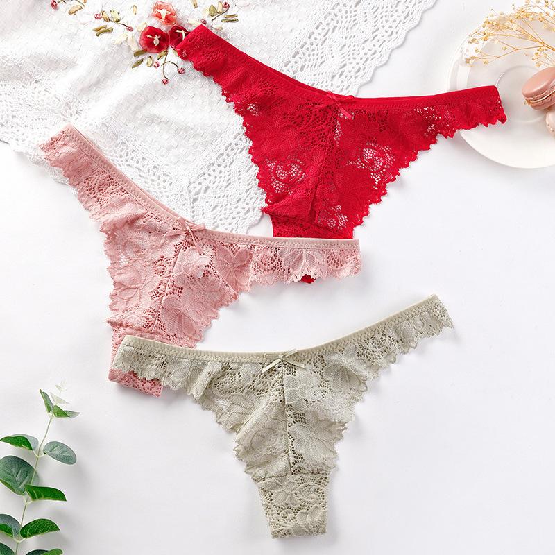 

Comfortable Cotton Crotch Panties Underwear Women 2020 New Ladies Lace Low Waist Thong Hollow Transparent Temptation T Pants, Red