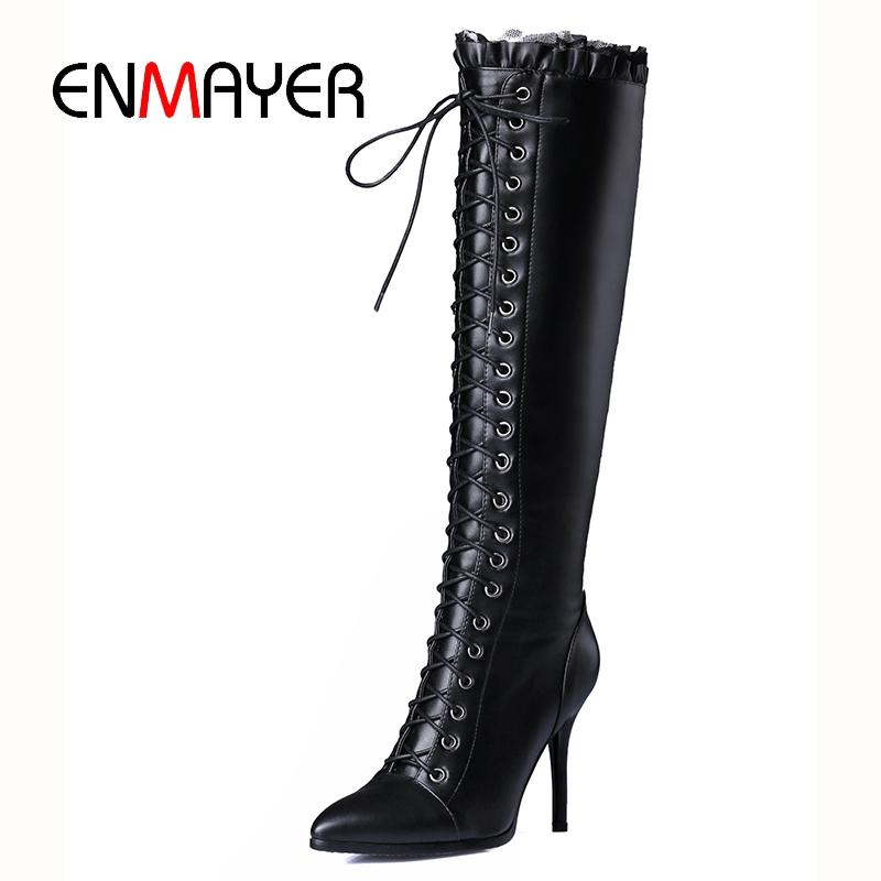 

ENMAYER 2021 New Fashion High Quality Women Cow Leather Lace-up Knee High Boots Lady Pointed Toe Heel Boots, Black